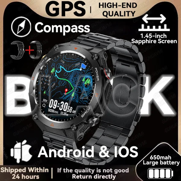 GPS smartwatch with 1.45" HD display, built-in GPS, compass, and calls