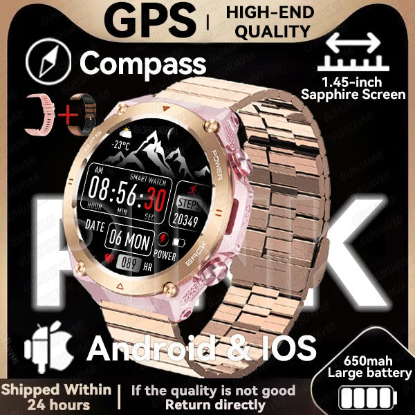 GPS smartwatch with 1.45" HD display, built-in GPS, compass, and calls