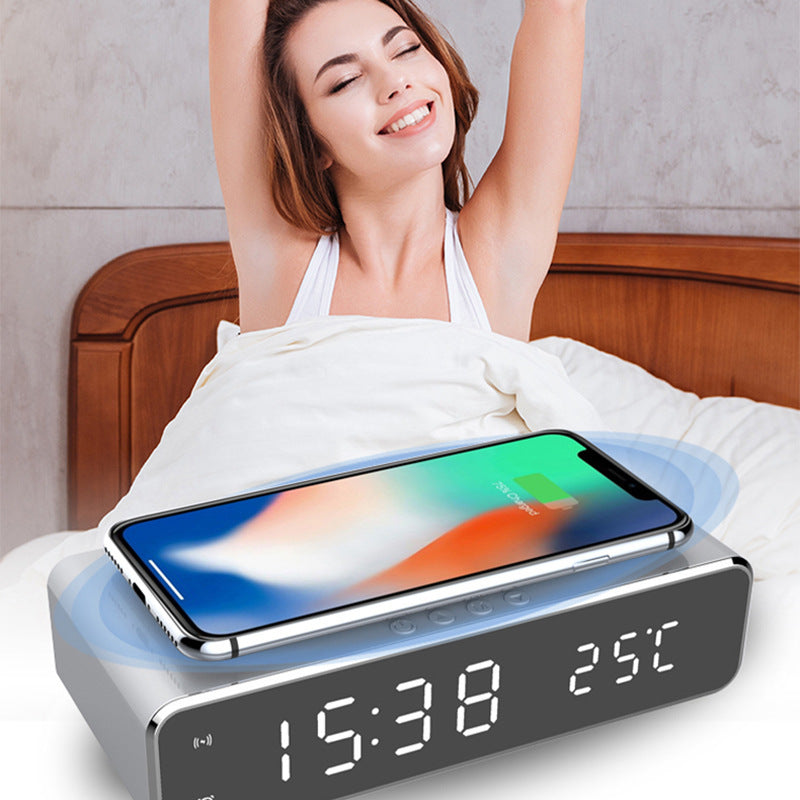 "led alarm clock with wireless charger and temperature display"